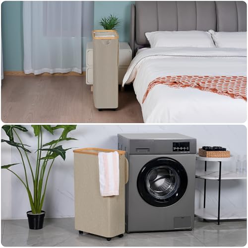 Image of efluky Slim Laundry Hamper with Wheels, Narrow Laundry Basket with Lid and Removable Bag, Aesthetic Dirty Clothes Hamper on Wheels for Laundry Room, Bedroom, Dorm and Bathroom, 75L Beige