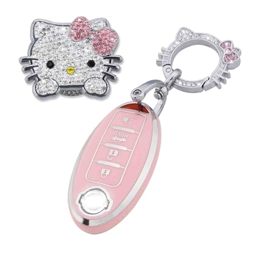 Pangpai Pink Car Accessories 3 Pcs for 4 Buttons Nissan Key Fob Cover with Bling Keychain Cute Push to Start Button Cover