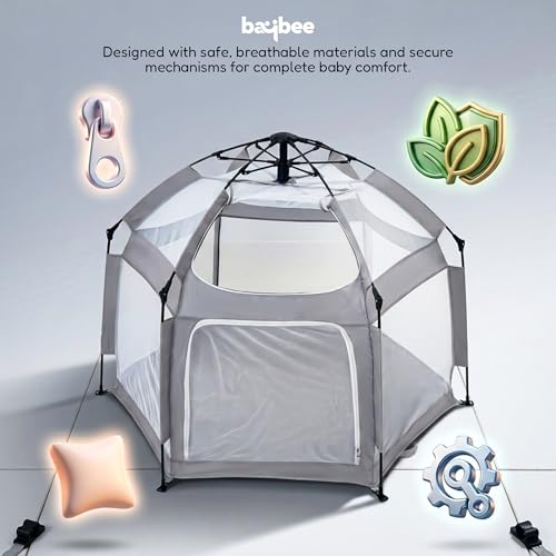 Image of Baybee 140 x 110 Cm JoyNest Kids Playpen for Babies Up to 5 Years | Foldable Playard for Babies with Mosquito Protection & Zipper Lock | Baby Indoor & Outdoor Play Area Setup with Hexagon shape for Extra Space (Light Grey)