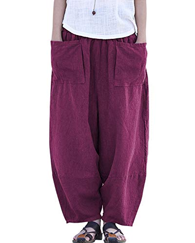IXIMO Women's Linen Pants Casual Wide Leg Cropped Relax Fit Pants Front Pockets Capris Burgundy M