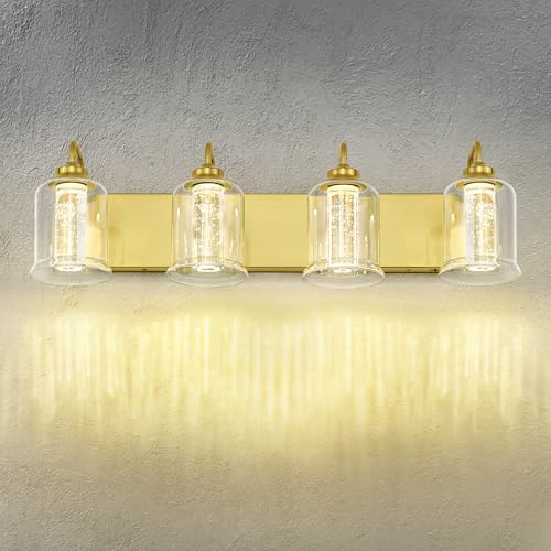Image of zeyu 24W Dimmable Gold Bathroom Vanity Light, 4-Light Gold Bathroom Light Fixture with 5 Color Modes, Brushed Gold Finish with Crystal Bubble and Clear Glass, ZSL72B-4W LED BG