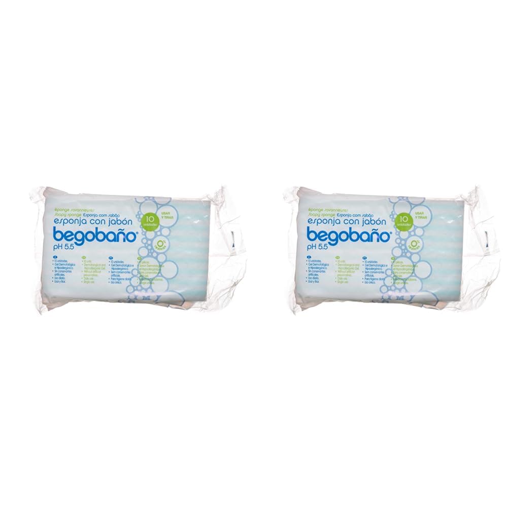 Begobaño Esponja Jabonosa Desechable, Esponja de Baño de Un Solo Uso con Gel Dermatológico e Hipoalergénico, 10 Unidades (Paquete de 2)