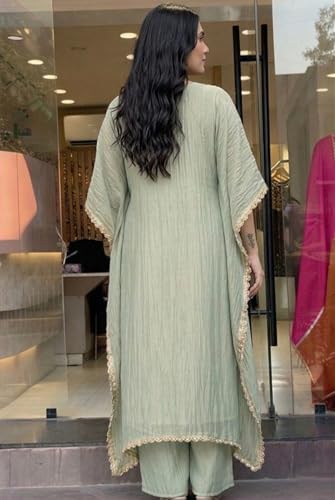 Image of GoSriKi Fendy Glass Embroidered A-Line Kurta with Palazzo for Women | Fendy Glass Grey | Kaftan Sleeve | Round Neck | Ethnic Wear Casual Wear