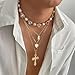 Gold Statement Necklace For Women Dainty Pearl Colorful Crystal Gemstone Necklace Multilayered Gold Heart-Shaped Cross Pearl Necklace Fashion Jewelry For Women (four)