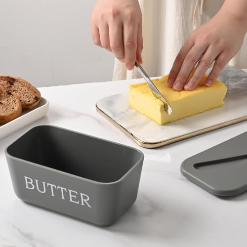 Image of Kyraton Large Plastic Butter Dish with Lid and Knife, Food Grade PP Butter Holder Keeper with Cover for Kitchen Refrigerator Butter Container (Grey)
