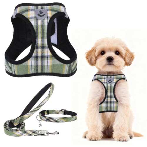 Image of PUPTECK Adjustable Dog Harness Collar and Leash Set Step in No Pull Pet Harness for Small Medium Dogs Puppy and Cats Outdoor Walking Running, Soft Mesh Padded Reflective Vest Harnesses, Grn&YLW, S