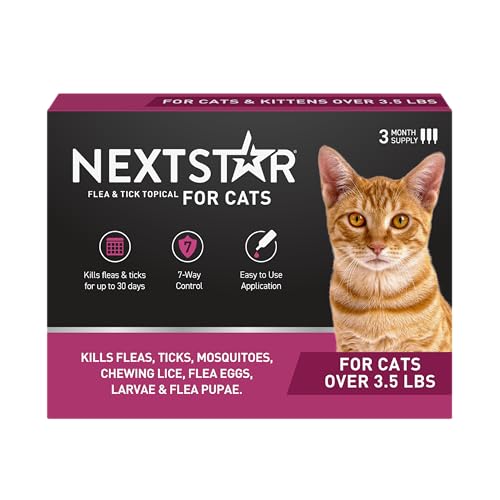 NEXTSTAR Flea and Tick Prevention for Cats, Repellent and Control, Fast Acting Waterproof Topical Drops, Flea Prevention for Cats Over 3.5 lbs, 3 Monthly Doses
