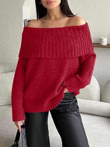 Image of Saodimallsu Womens Off The Shoulder Sweaters Oversized Long Sleeve Loose Ribbed Knit Fall Trendy Pullover Tops