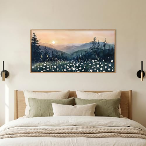 Image of KAIRNE Mountain Floral Landscape Framed Canvas Wall Art Set,Watercolor Forest Wall Decor,Misty Pine Tree Art Prints,Nature Sunset Scenery Artwork for Living Room,Bedroom,Farmhouse,Office-40 x20 x1