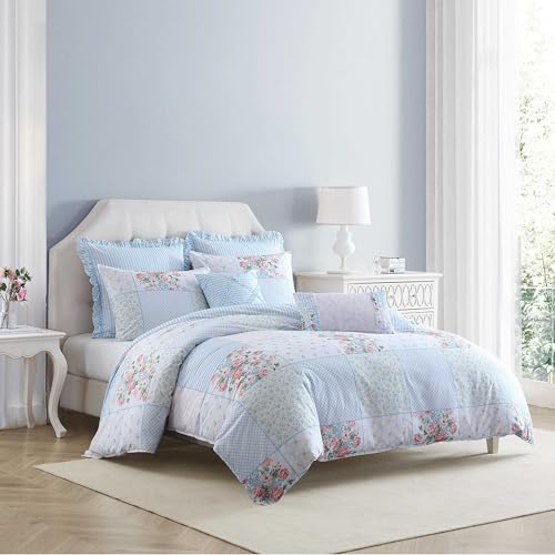 Image of Laura Ashley - Comforter Set, Super Soft Bedding with Matching Shams, Includes Bonus Throw Pillow Covers, Coquette Room Decor (Hope Patchwork Blue, King)