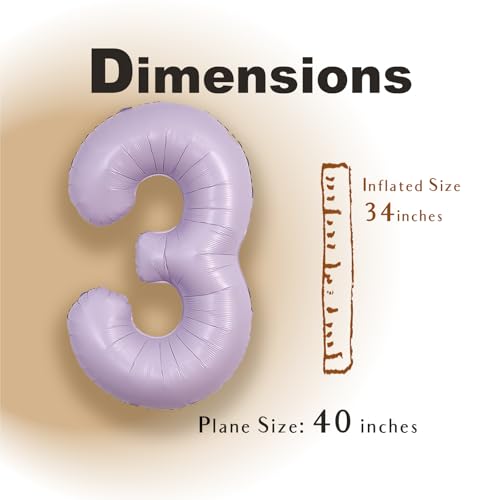 Image of SUWEN 40 Inch Light Purple Lavender Big 3 Balloon Number Foil Helium 0-9 | 3rd Large Giant Birthday Huge Mylar Jumbo Happy Party Anniversary Decorations