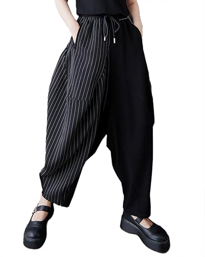 ellazhu Women's Pants Wide Leg Pocket High Waist Harem Pant Patchwork Striped GZ466