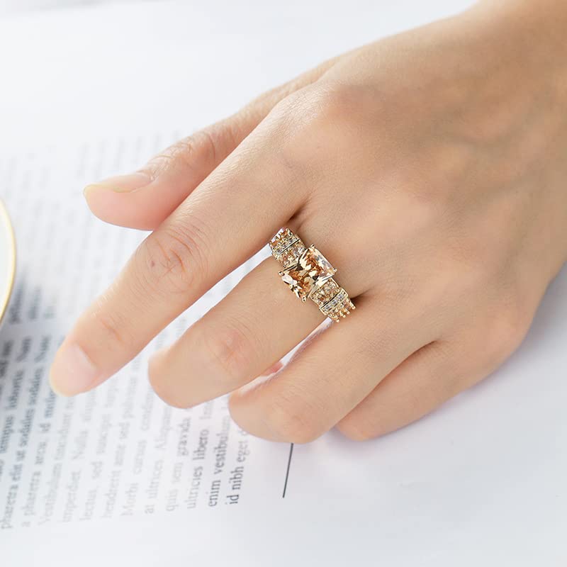 Women's Yellow Gold Plated Radiant Cut Created Morganite CZ Cubic Zirconia Pave Filled Statement Rings Wedding Engagement Proposal Band for Mom, 7#, 10-Champagne2