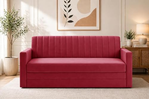 Image of Modern Velvet 3-Seater Sofa Cum Bed with Armrest, Convertible Sleeper Couch Sofa for Living Room, Bedroom & Office - Red Color