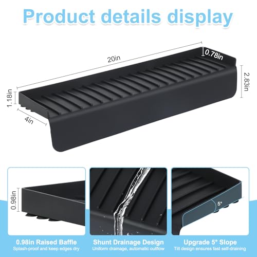 Image of Silicone Faucet Splash Guard 4 inch x 20 inch, Faucet Water Catcher Mat, Longer Silicone Sink Mat for Kitchen, Bathroom, Laundry Room, Farmhouse for Quartz Kitchen Sink（Black）