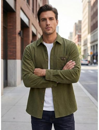 Image of IndoPrimo Men's Corduroy Shirt | Premium Ribbed Full Sleeve Casual Overshirt | Button-Down Solid Shirt with Chest Pocket | Regular Fit