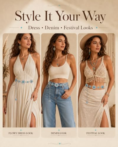 Image of FIORETTO Western Waist Chain Belt Metal Concho Belt for Women Cowgirl Cowboy Boho Country Belt for Dress Jean