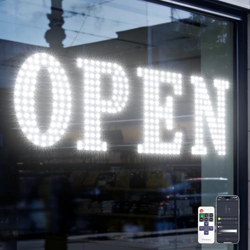 Image of Open Sign for Business, 30 inchx10 inch Jumbo Open Sign with Timer and Remote Control, Dynamic Light Modes Led Signs for Storefront Window Bar Salon Cafes Retail Shops White