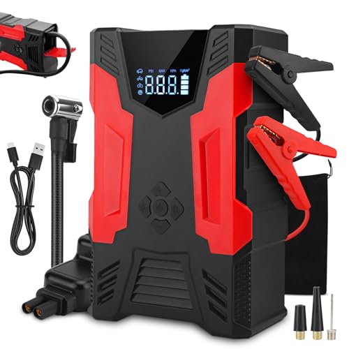 WODHMIEY Arrancador de Batería de Auto Portátil 10000mAh, Compresor de Aire 150PSI, Inflador de Llantas, Cargador de Auto con Pantalla Digital y Luz...