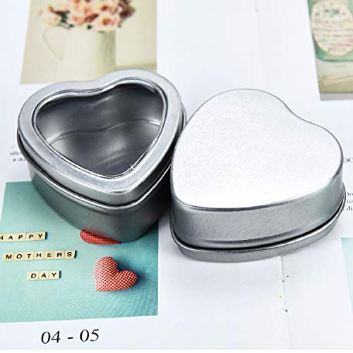 Gonioa 30ct Empty Heart Shaped Silver Metal Tins with Clear Window for Party Favors, Candle Making, Spices, Gifts