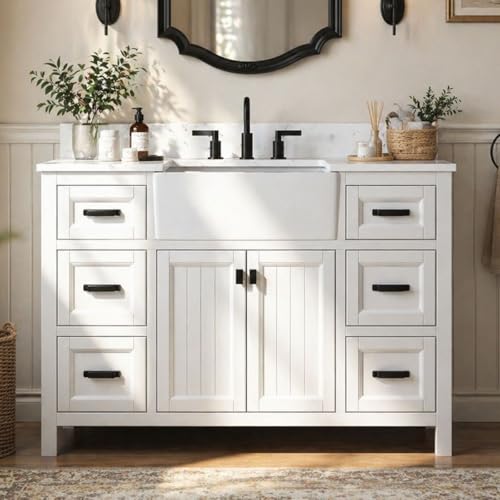 DELUXE LIVING 48 Inch Bathroom Vanity with Apron Farm Sink, White Farmhouse Bathroom Sink Cabinet with Soft Closing Doors & Dovetail Drawers, Single Sink Bathroom Vanity, No Assembly Required