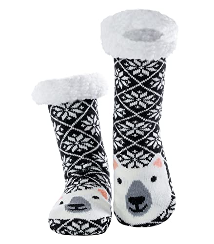 WYTartist Femme Chaussettes Slipper Noël Avec Doublure en Polaire Douce Antidérapantes Cerf De Neige Confortable Fuzzy Doublé Doublure hiver Slipper (Black Bear), blanc/noir, taille unique