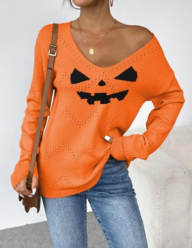 Image of Zeagoo Womens Sweaters Fall Trendy Casual Long Sleeve Shirt Lightweight V Neck Off Shoulder Crochet Pullover Top Outfit