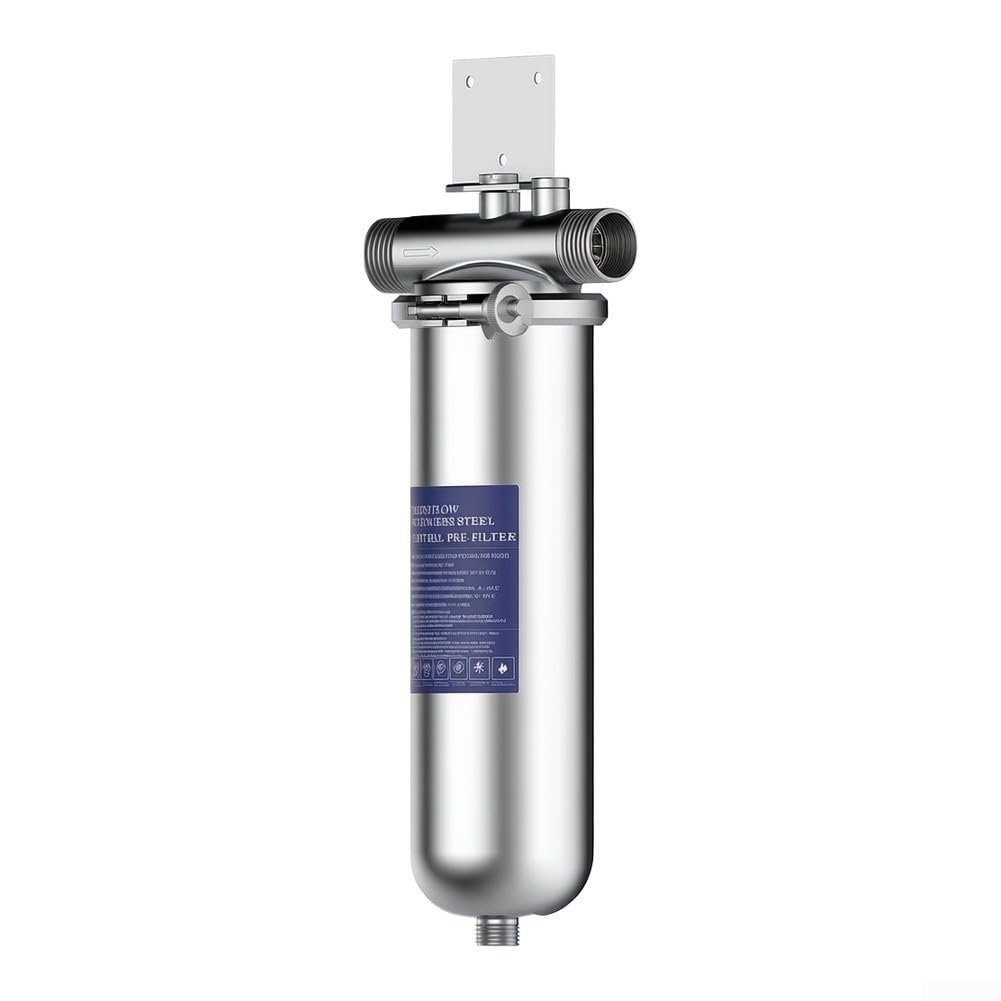 Filtro depuratore d'acqua ad alto flusso, capacità 4000 l, in acciaio inox, pre-filtro per sedimenti per impianti idraulici domestici, 29,5 x 85 cm, argento (seta esterna a 4 punti)