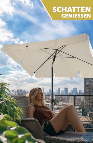 Menz Sonnenschirm Balkon - 3-IN-1 SET - UV50+ Sonnenschirm rechteckig 200x125 cm + Sonnenschirmhalter Balkongeländer + Sonnenschirmhülle - Sonnenschutz Balkon, Beige 3