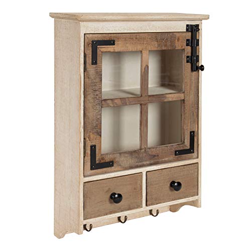 Kate and Laurel Hutchins Decorative Farmhouse Wall Cabinet, 15 x 5.5 x 23, Rustic Brown and White, Rustic Wood Cabinet with Windowpane Glass Door, 2 Shelves, and 2 Storage Drawers