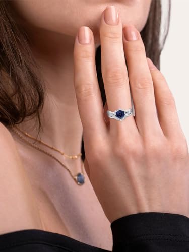KZX Blue Sandstone Ring 925 Sterling Silver Hexagonal-cut Engagement Ring Unique Wedding Ring Jewelry Gift for Women (Ring Size 7-10)3