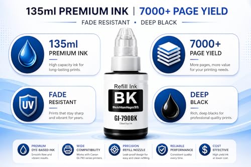Image of ROHINK GI-790 Series Refill Ink, Compatible with G1000, G1010, G1100, G2000, G2100, G3000, G3010, G3012, G3100, G4000, G4010 Printers (Canon790 Black Pack 1)