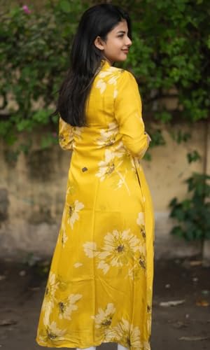 Image of Sun Fashion And Lifestyle Rayon Printed Straight Calf Length Kurta for Women | Kurti (KT69 Yellow)
