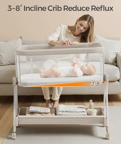 Image of Fodoss Baby Bassinets Bedside Sleeper - Bed Side Bassinet Newborn with Wheels, Storage Tray, 4-Sided Mesh, 7 Height Adjustable, Beige