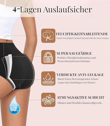 SUUFOR Periodenunterschwäsche Starke Blutung 60ML, Hohe Taille Hohe SaugfäHigkeit Perioden Unterwäsche, Atmungsaktiv Lecksicher Menstruationsunterwäsche MäDchen & Frauen (3er Pack) M