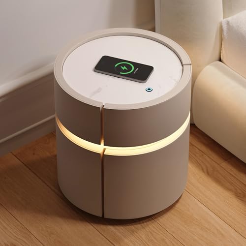 Homary Table de Chevet Connectée LED, Table de Nuit en Cuir avec Plateau en Pierre Frittée, Moderne à 2 Tiroirs avec Chargeur sans Fil, 40x40x52cm, Ronde