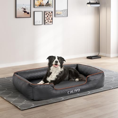 CALIYO Orthopädisches Hundebett Mittelgroße & Grosse Hunde – Hundekissen aus Kunstleder, Wasserdicht & Waschbar, Memory Foam Hundesofa mit 4 Rändern, Hundematte 104×75×20CM, Schwarz