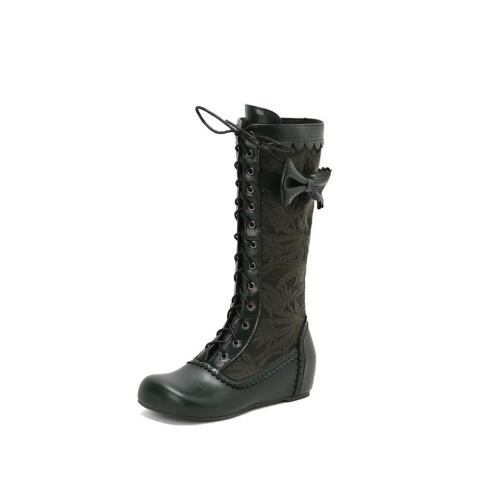 Womens Victorian Style Knee High Boots Lace Up Bow Accent Scalloped Edge Hidden Wedge Heels Round Toe Vintage