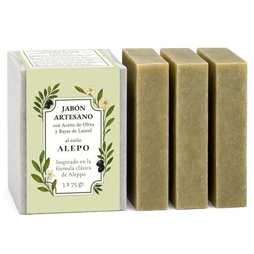 CABRERIZO SOAP JABON DE ALEPO NATURAL - Jabón de Alepo para pieles sensibles o Acné, Jabon Natural de Aceite de Oliva Español y Bayas de Laurel 3x75 g. Jabones Artesanales sin perfume ni aditivos