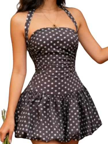 Image of Women's Y2K Sexy Halter Corset Mini Dress Backless Corset Bubble Ruched Waist Club Party Dresses
