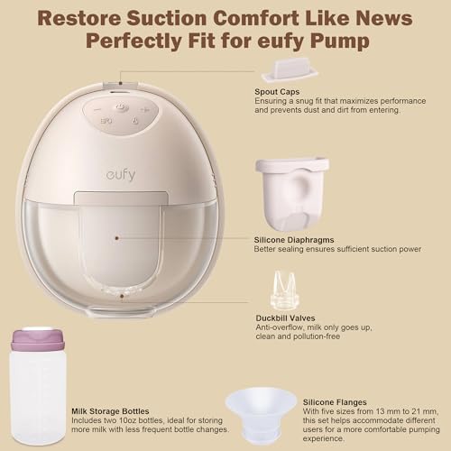 Image of Breast Pump Replacement Parts Kit Compatible with Eufy Electric Wearable Breast Pumps E10 / E20 / S1 / S1 Pro, Includes Valves, Silicone Diaphragms, Flanges, Cleaning Brush & Milk Storage Bottles