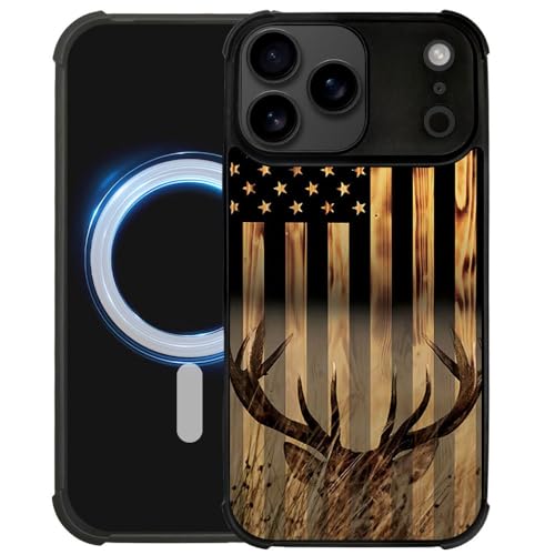DJSOK Case for iPhone 17 Pro Max,Compatible with MagSafe,Anti-Scratch Shockproof Case,Wood Grain American Flag Buck Hunter Deer