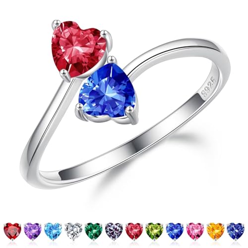 Iefil Adjustable Birthstone Rings for Women - 925 Sterling Silver Double Birthstone Rings, Anniversary & Birthday Gifts for Women, Personalized Jewelry Gifts for Wife, Mom, Girlfriend