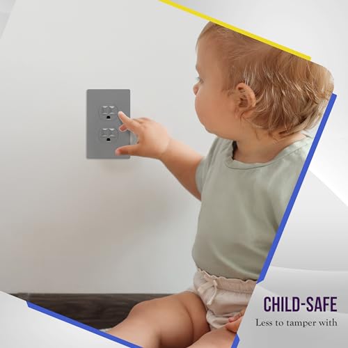 Image of ENERLITES Screwless Duplex Wall Plate, Child Safe Receptacle Outlet Cover, Standard Size, 1-Gang 4.68 inch x 2.93 inch, Unbreakable Polycarbonate Thermoplastic, UL Listed, SI8821-GY-5PCS, Gray, 5 Pack
