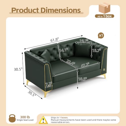 Image of KEIKI 62 inch Faux Leather Chesterfield Sofa with Handmade Button Tufted, Green | Luxury Modern 2-Seater Couch with Metal Trim Armrests & High Resilience Cushion & 2 Pillow, Easy Assembly, for Living Room