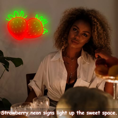 Image of Strawberry Neon Sign for Wall Decor, Dimmable Printing Strawberries Fruits Neon Lights, Vibrant Fruit Themed Neons LED Signs for Kids Room, Bedroom, Restaurant, Bar, Club, Fruit Shop, Birthday Party