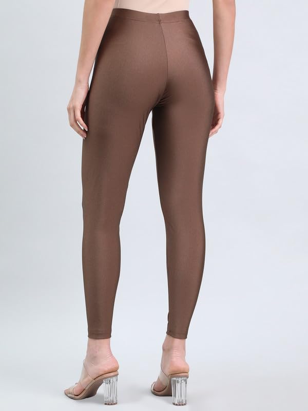 Image of GO COLORS Soft Nylon Stretch Shimmer Ankle Length Leggings for Women | Smooth & Shiny, Mid Rise