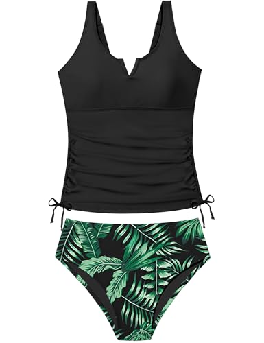 Girls Tankini Swimsuit Two Piece Bathing Suit Tropical Print V-Wire Drawstring Swimwear Set for Girls 9-16 Years