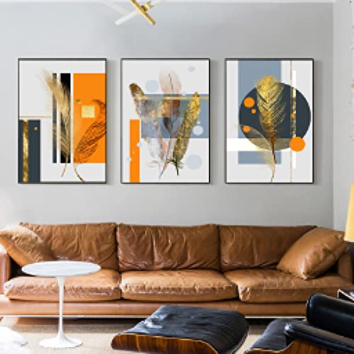 Peinture triptyque plume abstraite dorée 60x80cm art mural de qualité