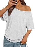 Trendy Queen Womens Off The Shoulder Tops Oversized Tshirts Casual Short Sleeve Basic Tees Cute Summer Fashion Clothes 2026 Oatmeal Grey M